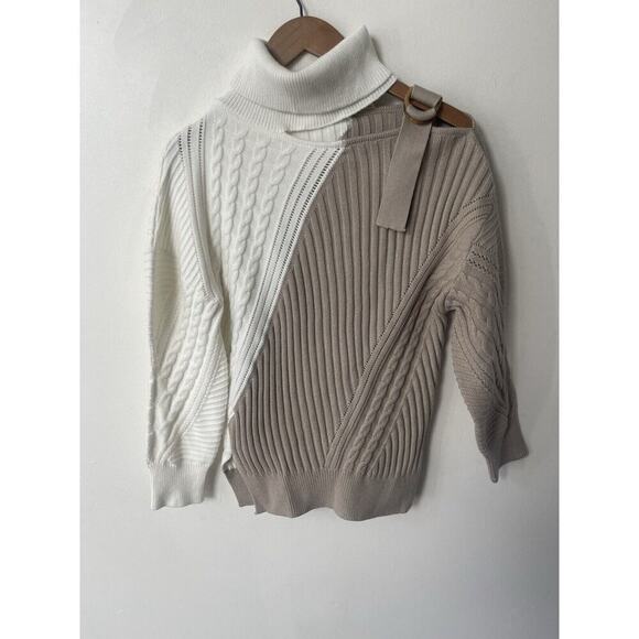 Zara Womens Cold Shoulder Turtleneck Sweater Cable Knit Chunky Beige Career - Picture 1 of 7